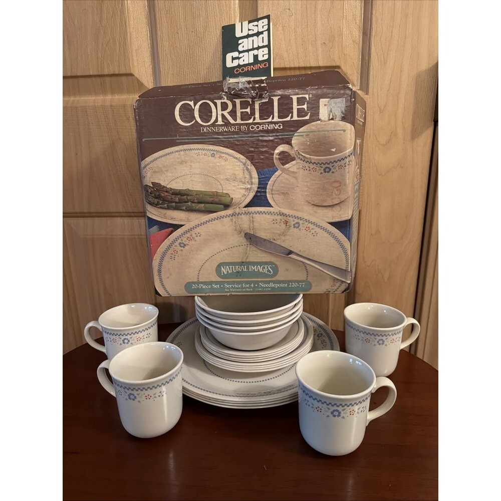 Corelle Vintage NEEDLEPOINT Dinnerware 20 Piece Set-Serves 4.New In Original Box